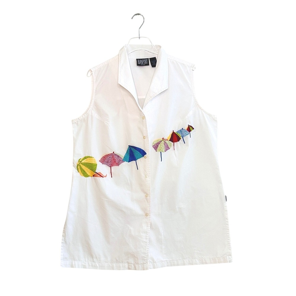 Blassport Vintg Woman White Cotton Sleeveless Beach Umbrella Embroidered Top 1X
